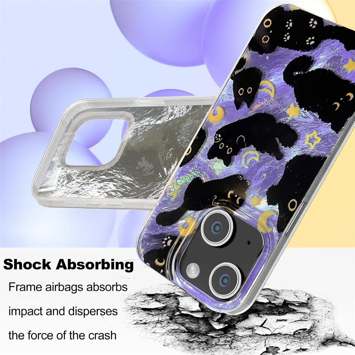 for iPhone 13 Case & iPhone 14 Case Shiny black cat-Purple Design,Cute trendy Soft Slim TPU Shockproof Protective Bumper adorable Phone Cases Cover for Women Girls Aesthetic,iphone 14/13 6.1"