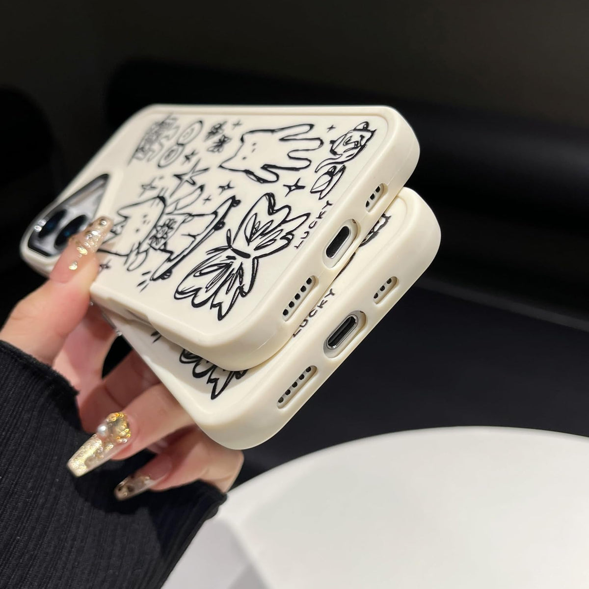 Designed for iPhone Case, Cute Cat Butterfly Star Lucky Line Drawing Soft Phone Case (White,for iPhone 15)