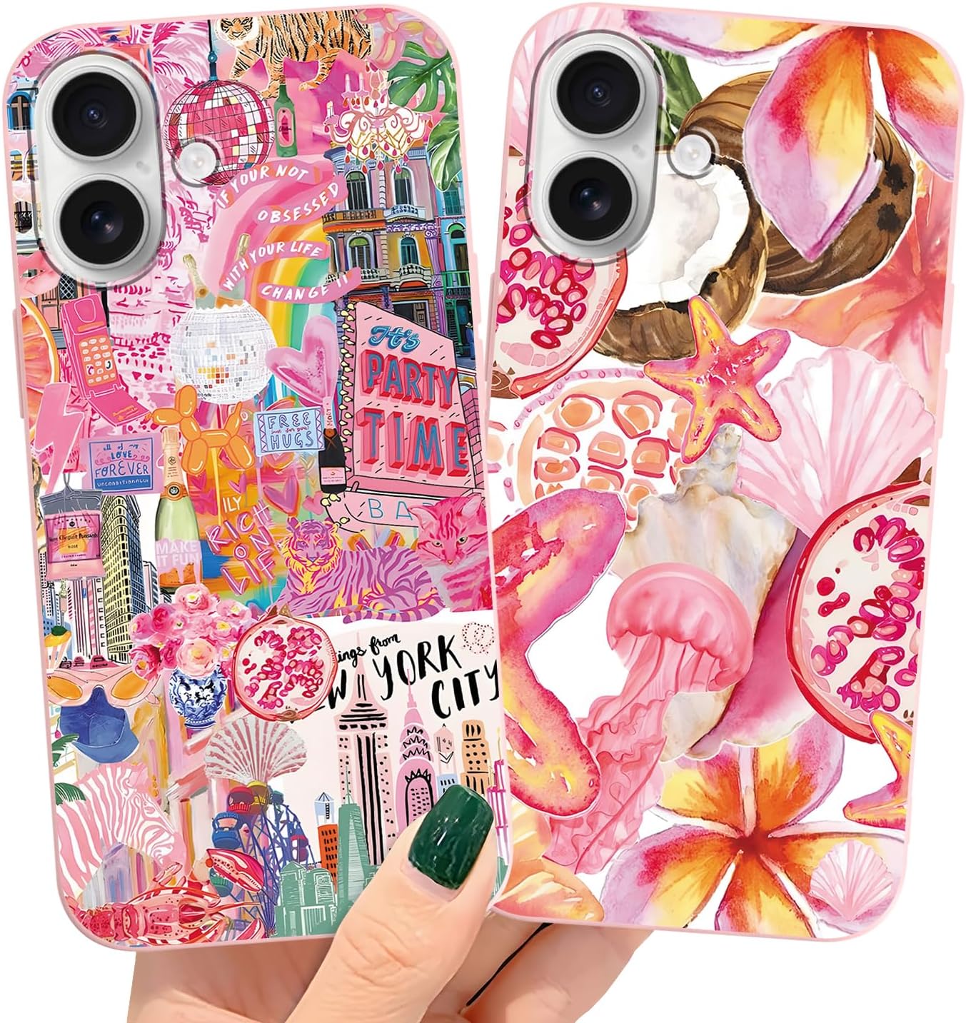 2 Packs Summer Fruit Animal Illustration Collage Pattern Phone Case for iPhone 16 6,1", Cute Aesthetic Design Print Funda with Liquid Silicone Shockproof Protection Soft Cover for Women Girls