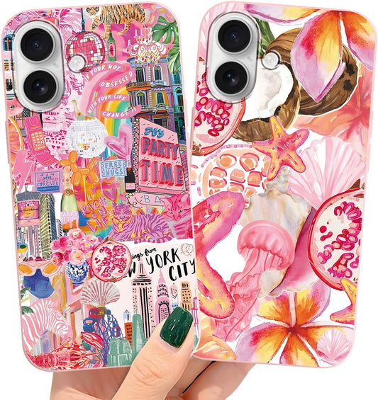 2 Packs Summer Fruit Animal Illustration Collage Pattern Phone Case for iPhone 16 6,1", Cute Aesthetic Design Print Funda with Liquid Silicone Shockproof Protection Soft Cover for Women Girls