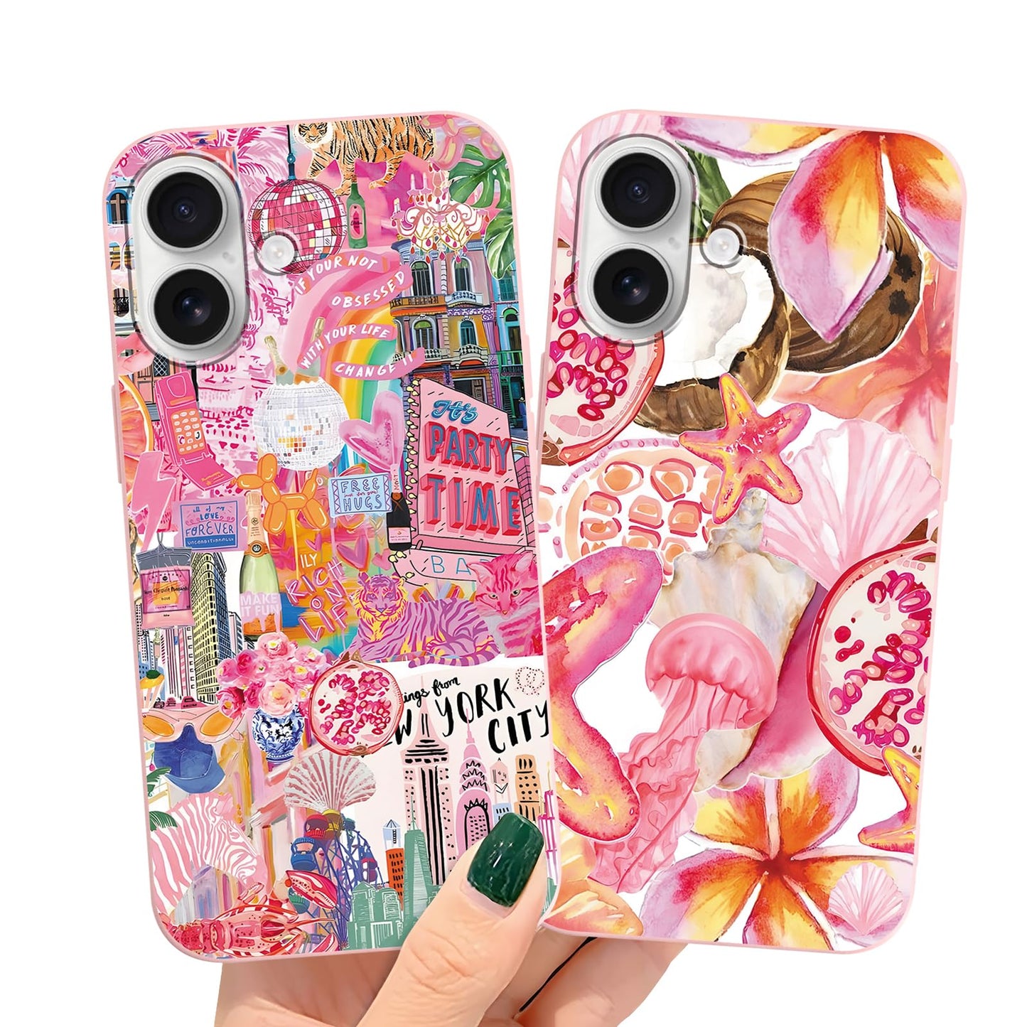 2 Packs Summer Fruit Animal Illustration Collage Pattern Phone Case for iPhone 16 6,1", Cute Aesthetic Design Print Funda with Liquid Silicone Shockproof Protection Soft Cover for Women Girls