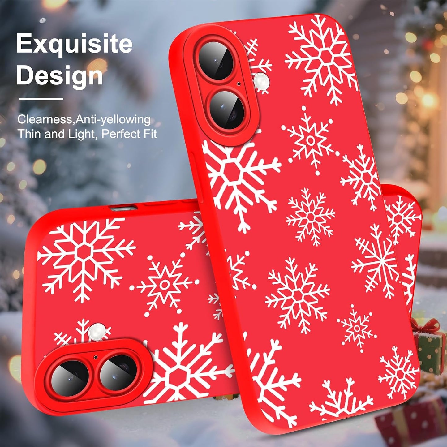 Merry Christmas Phone Case for iPhone 16 6.1，Cute Silicone Case with Xmas Tree Snowflakes, Elk Pattern，Soft Protective Shockproof Gifts for Girls Women Men Boys-Red White Snowflake
