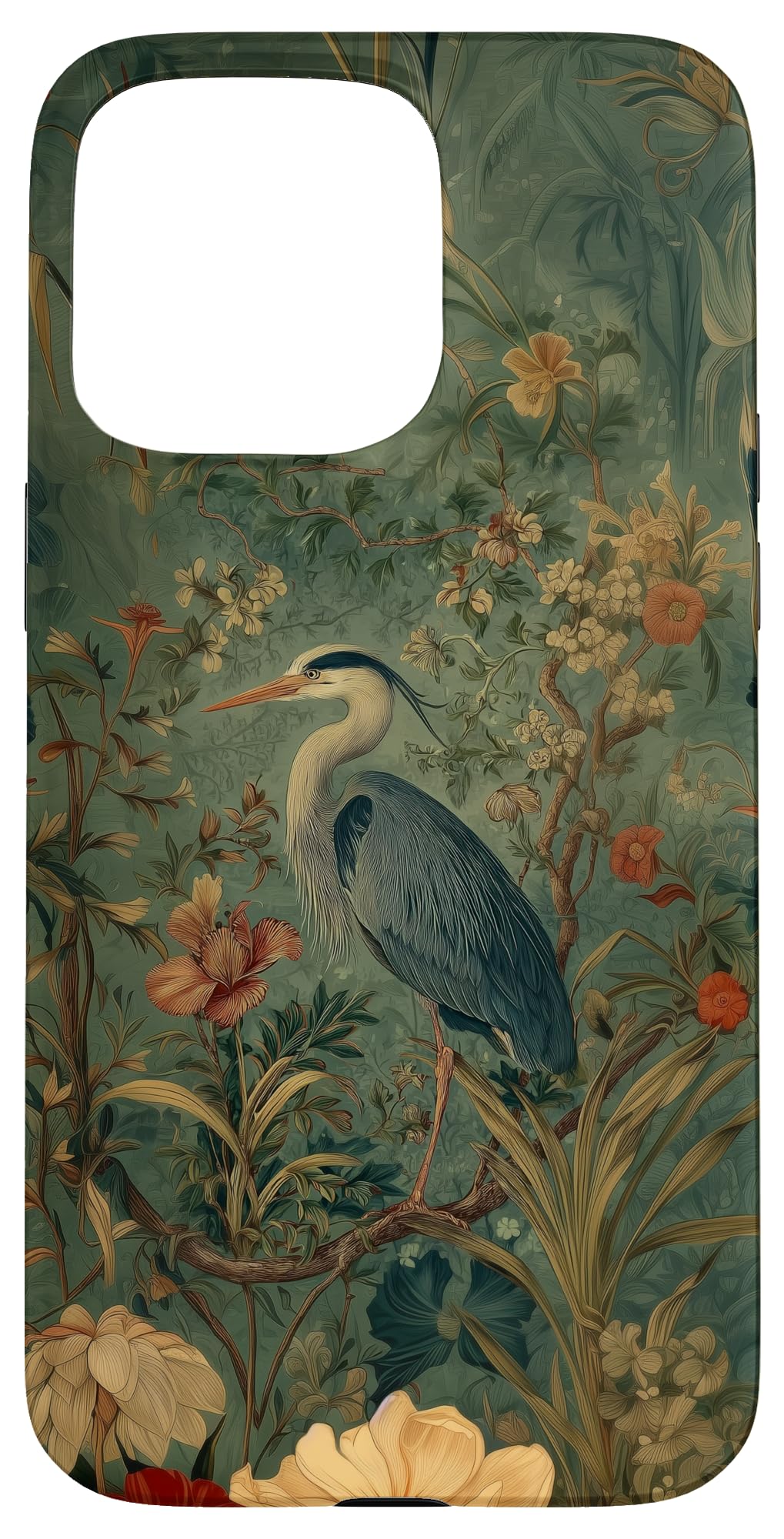 Blue Heron Wildflower Plant Pattern Sage Green Case for iPhone 16 Pro Max