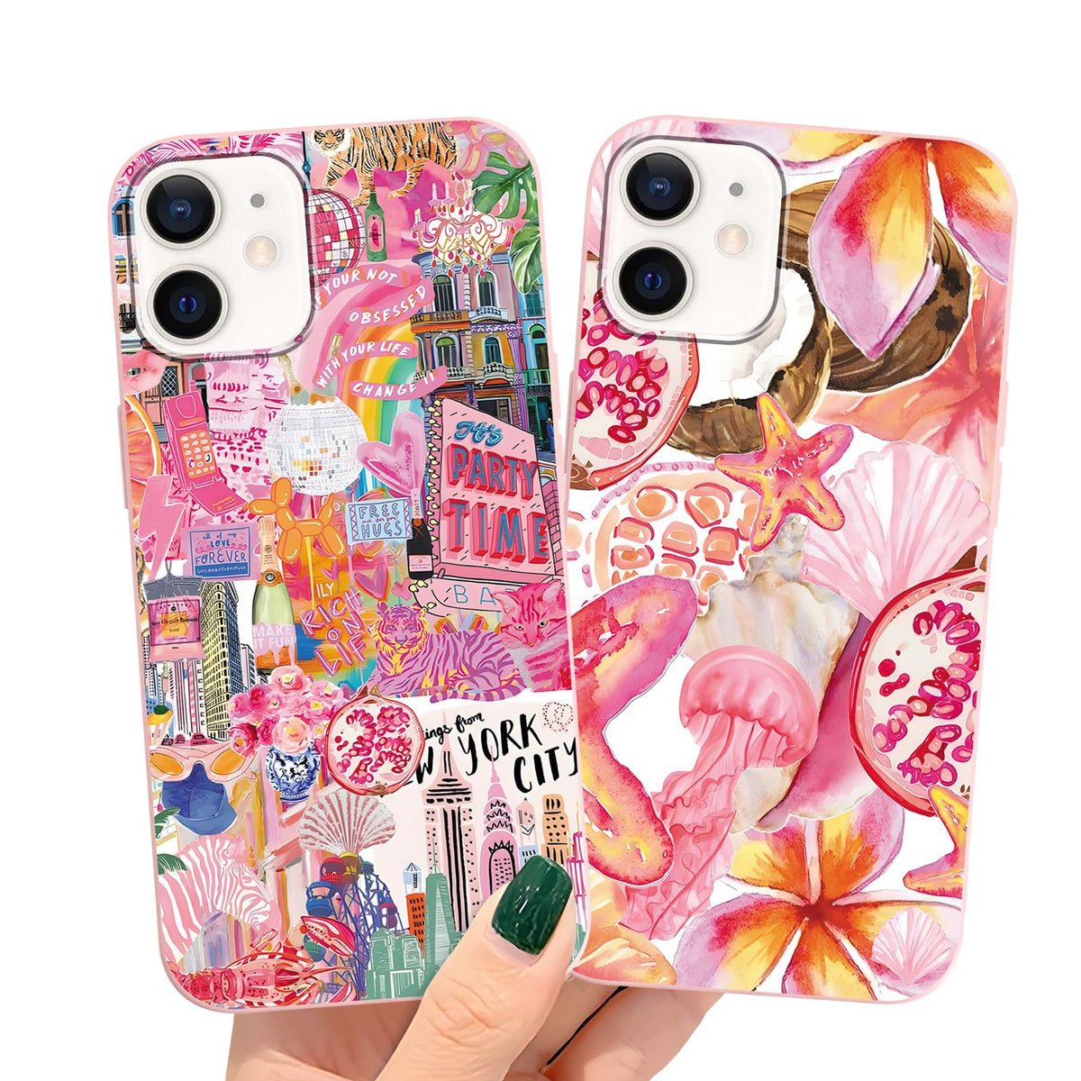 2 Packs Summer Fruit Animal Illustration Collage Pattern Phone Case for iPhone 16 6,1", Cute Aesthetic Design Print Funda with Liquid Silicone Shockproof Protection Soft Cover for Women Girls