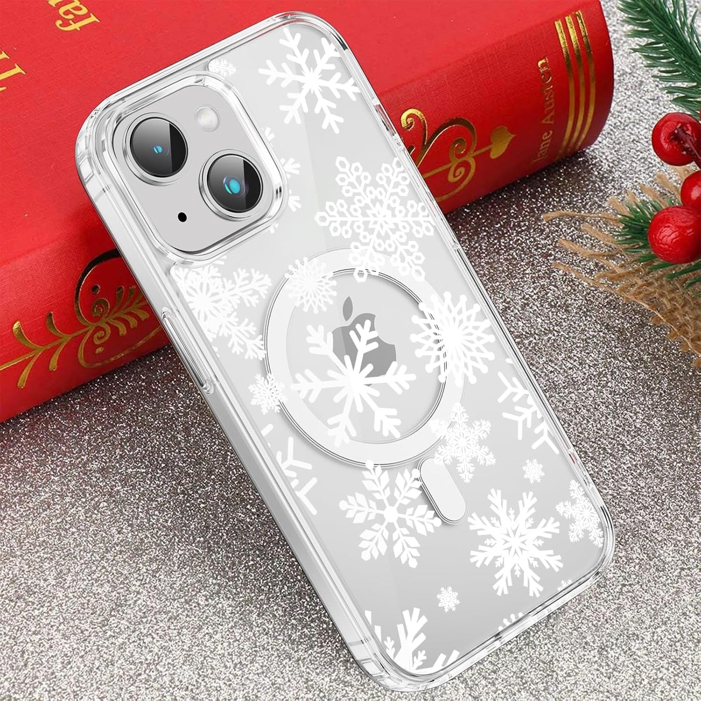 Merry Christmas Snowflake Phone Case for iPhone 13 / iPhone 14 Xmas Clear Magnetic Case 6.1", Compatible with Magsafe, Cute Winter Pattern Design Cover Shockproof Soft TPU Funda for Girl Women