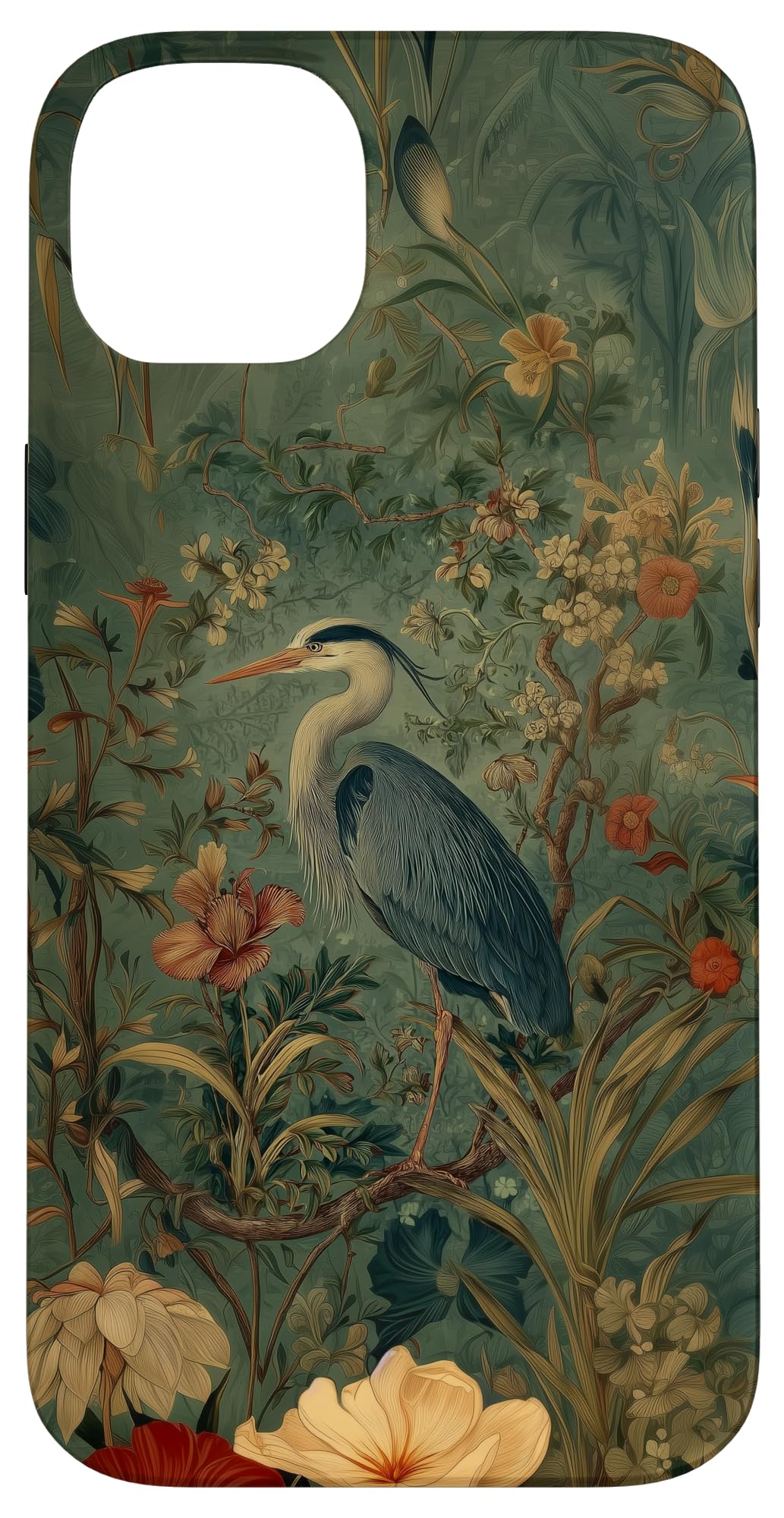 Blue Heron Wildflower Plant Pattern Sage Green Case for iPhone 16 Pro Max