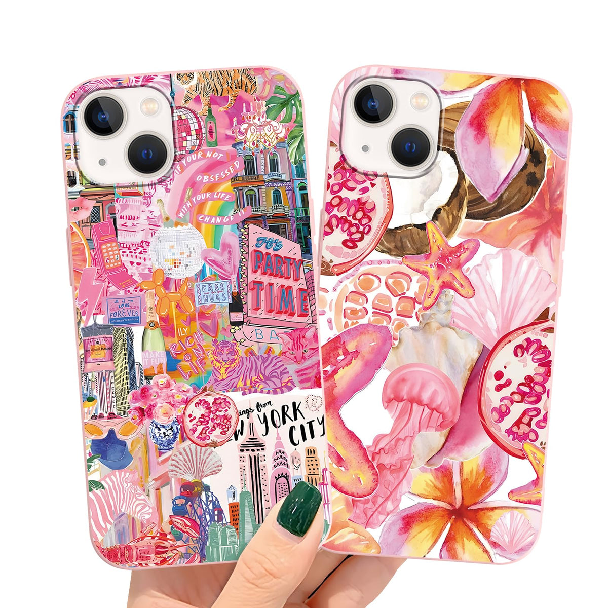 2 Packs Summer Fruit Animal Illustration Collage Pattern Phone Case for iPhone 16 6,1", Cute Aesthetic Design Print Funda with Liquid Silicone Shockproof Protection Soft Cover for Women Girls