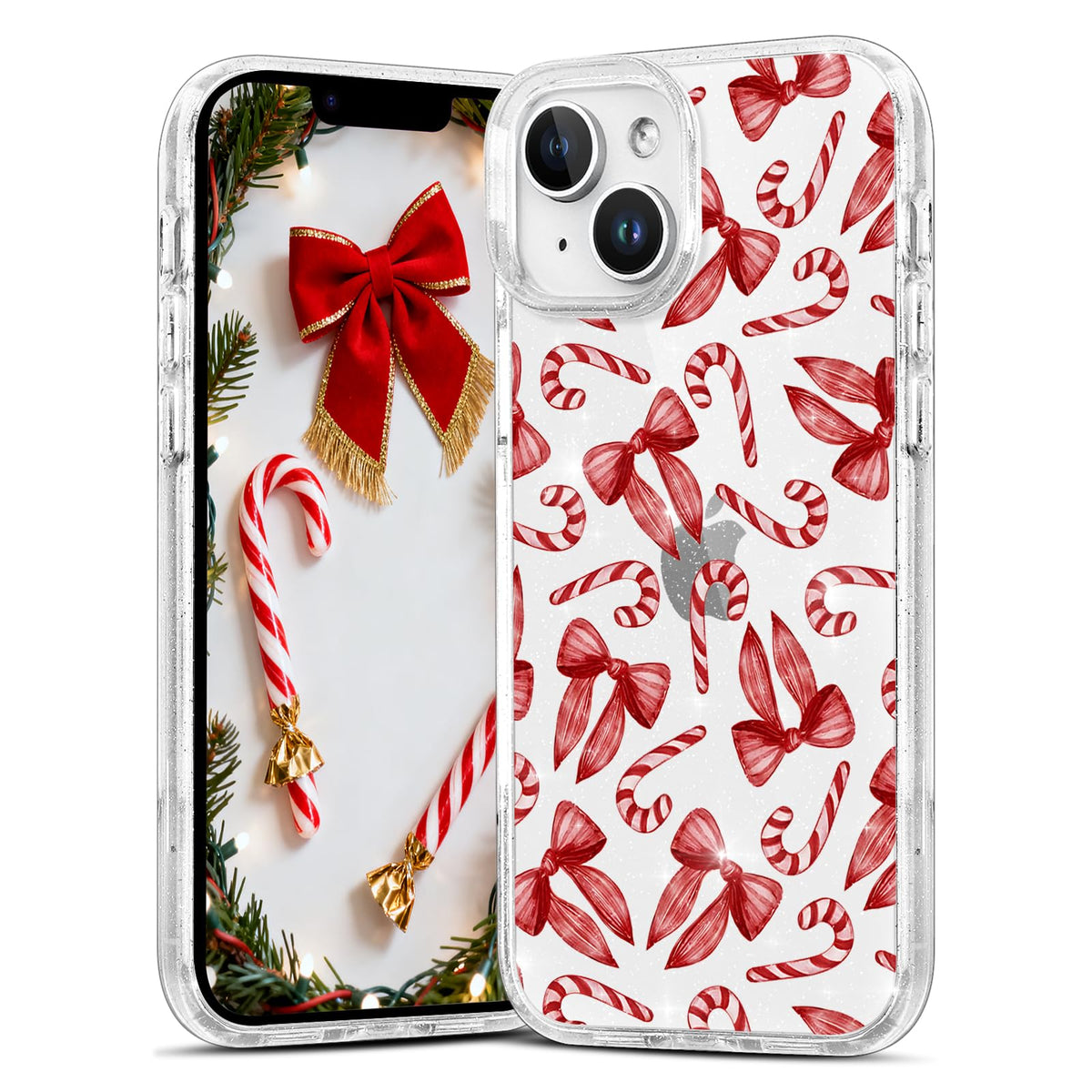 Christmas Phone Case for iPhone 13 6.1", Cute Glitter Christmas Tree Candy Snowflake Pattern, Preety Bling Sparkle Soft TPU Anti-Scratch Shockproof Protective Cover for Women Girls