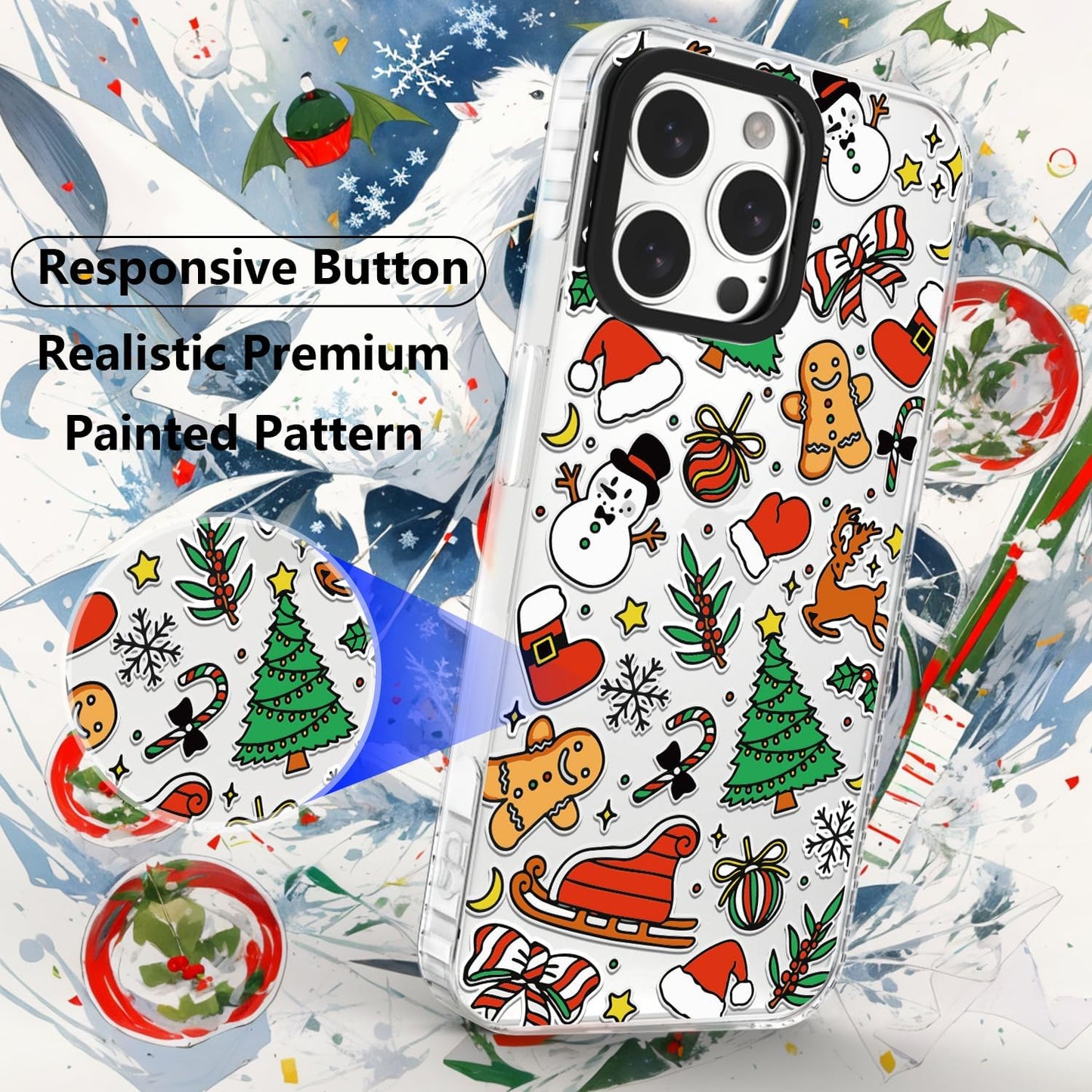 Christmas Phone Case Compatible for iPhone 16 Pro,Cute Winter Case with Funny Snowman Gingerbread Man Tree Christmas Pattern Design Shockproof Clear TPU Anti-Slip Anti-Scratch