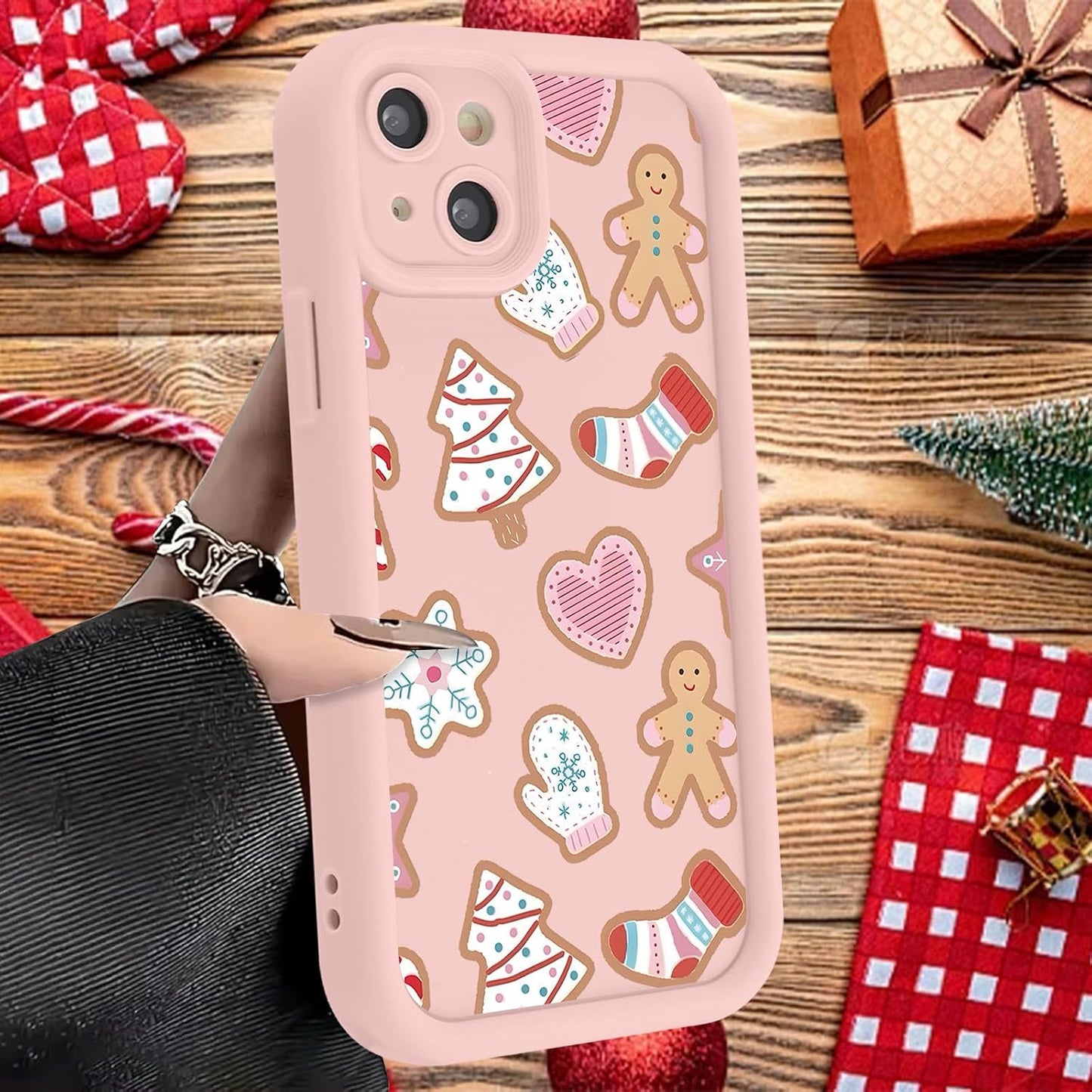 Christmas Phone Case for iPhone 14 6.1", Cute Christmas Tree Gingerbread Man Snowflake Pattern Gifts Case, Pink Aesthetic Protective Shockproof Silicone Cover for Women Girls Men -Pink Snowflakes