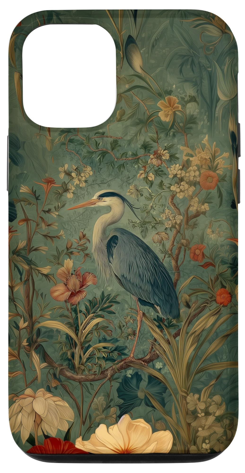 Blue Heron Wildflower Plant Pattern Sage Green Case for iPhone 16 Pro Max
