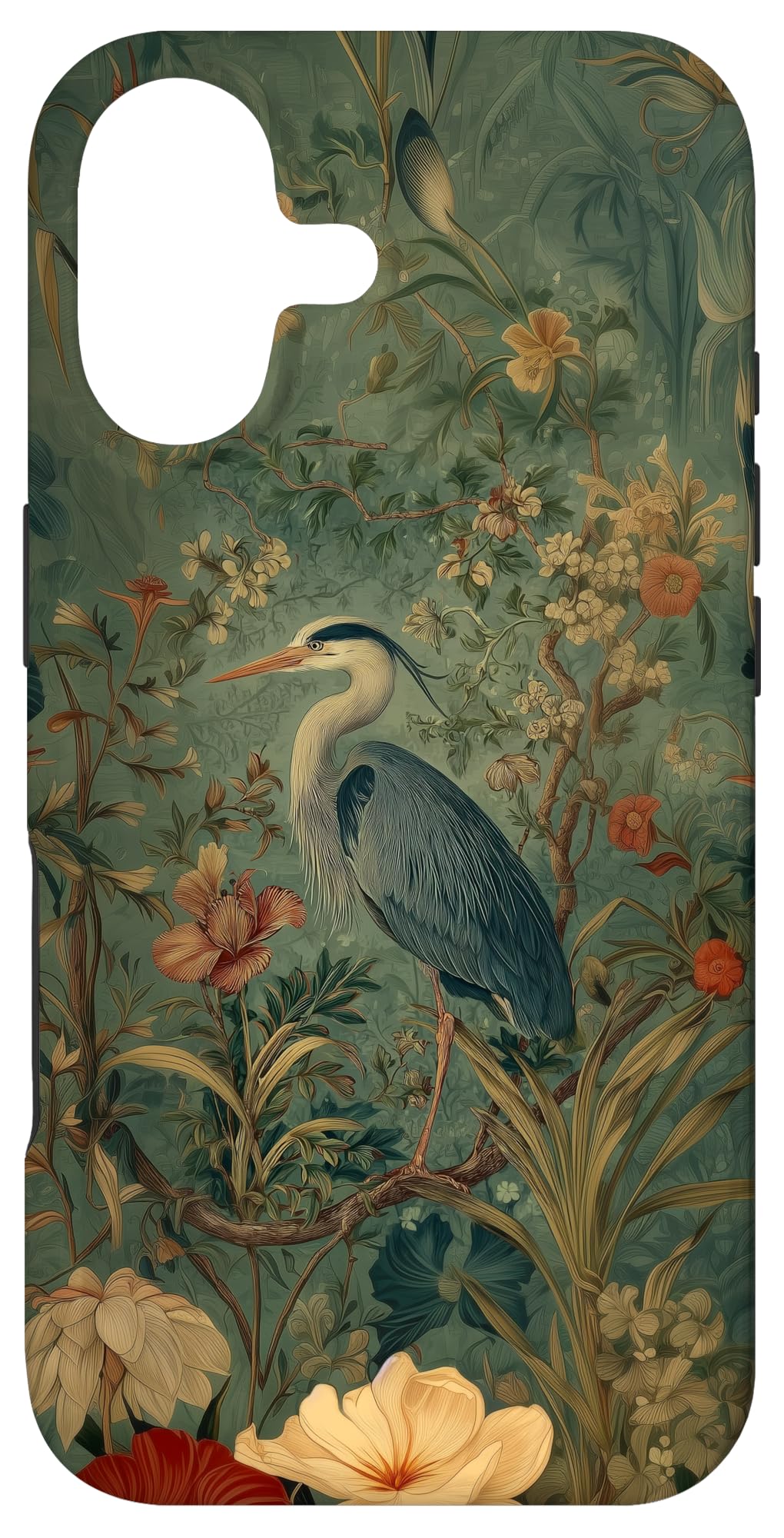 Blue Heron Wildflower Plant Pattern Sage Green Case for iPhone 16 Pro Max