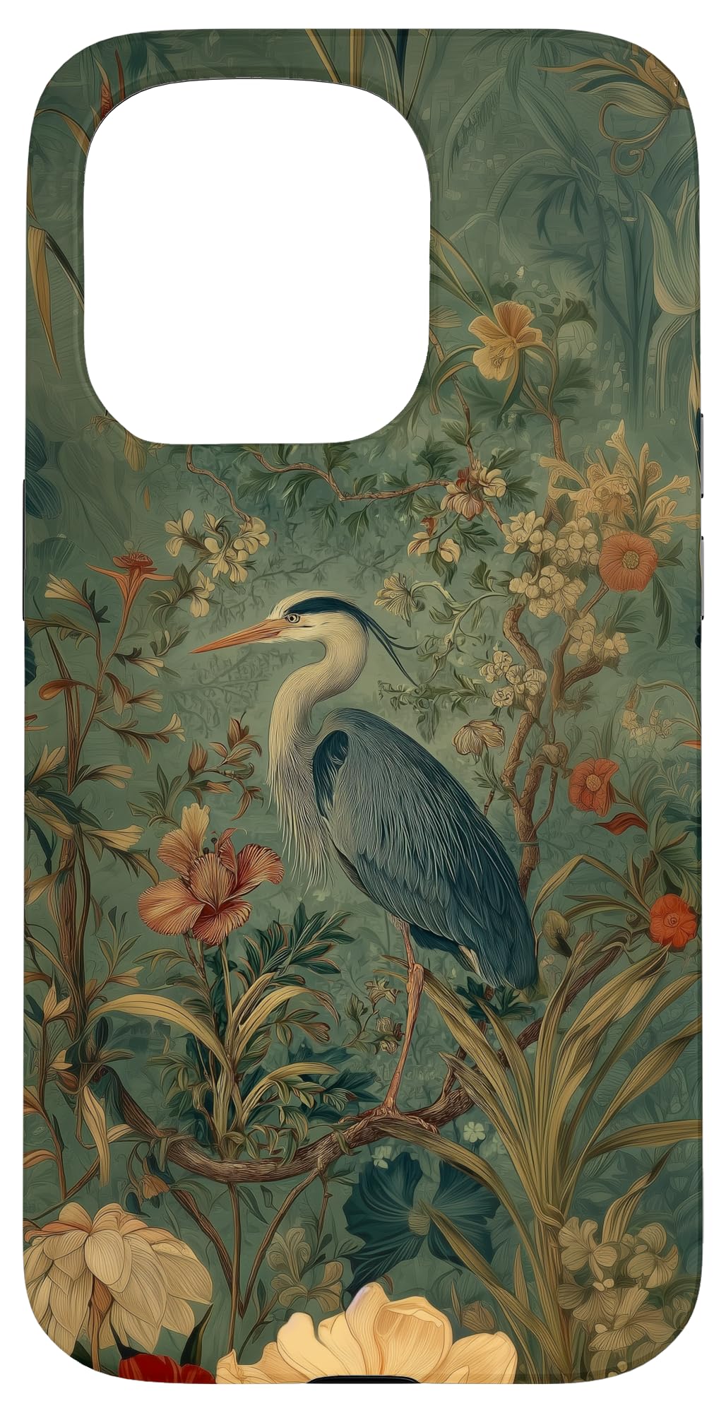 Blue Heron Wildflower Plant Pattern Sage Green Case for iPhone 16 Pro Max