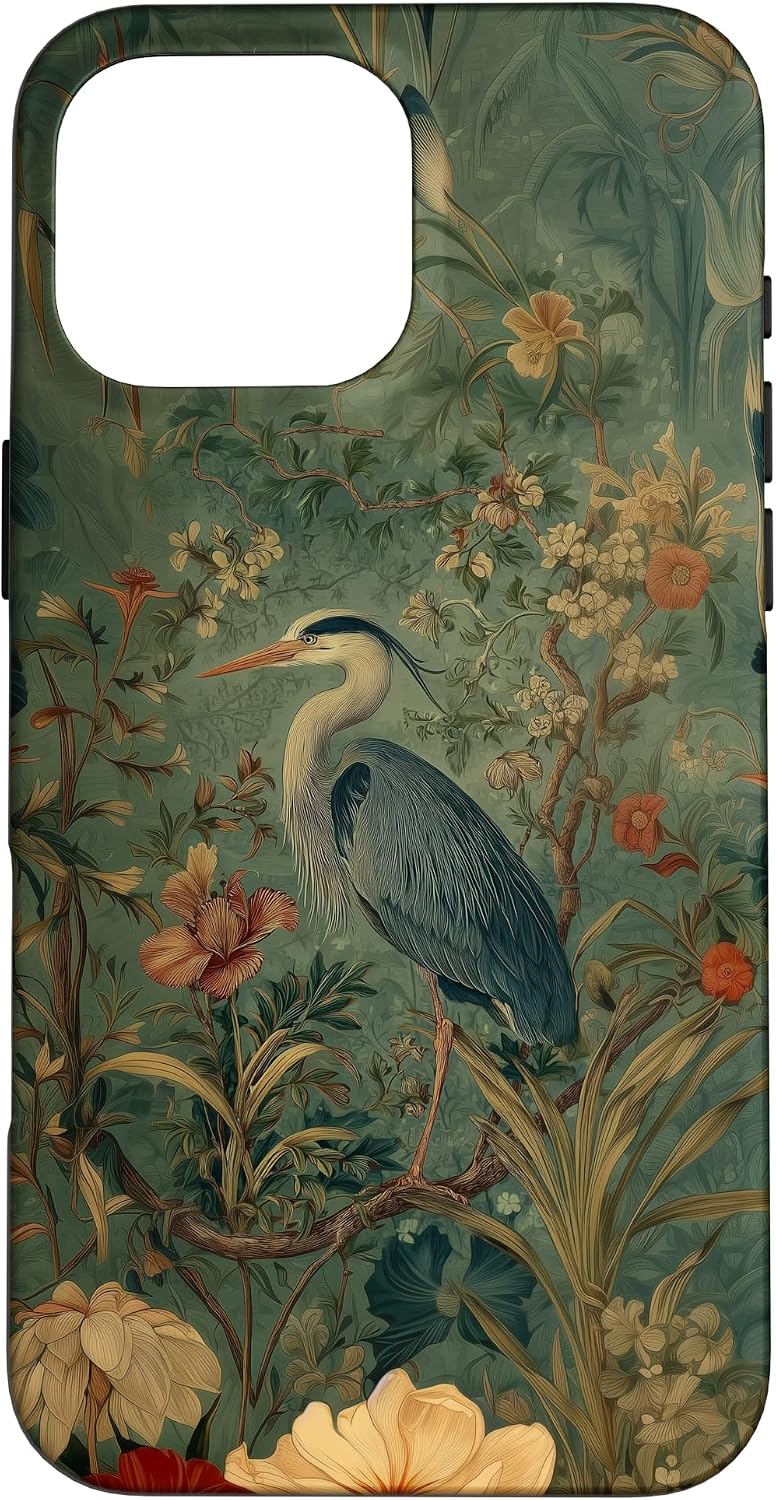 Blue Heron Wildflower Plant Pattern Sage Green Case for iPhone 16 Pro Max