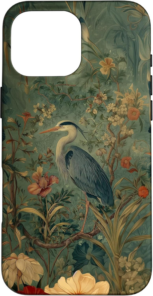 Blue Heron Wildflower Plant Pattern Sage Green Case for iPhone 16 Pro Max