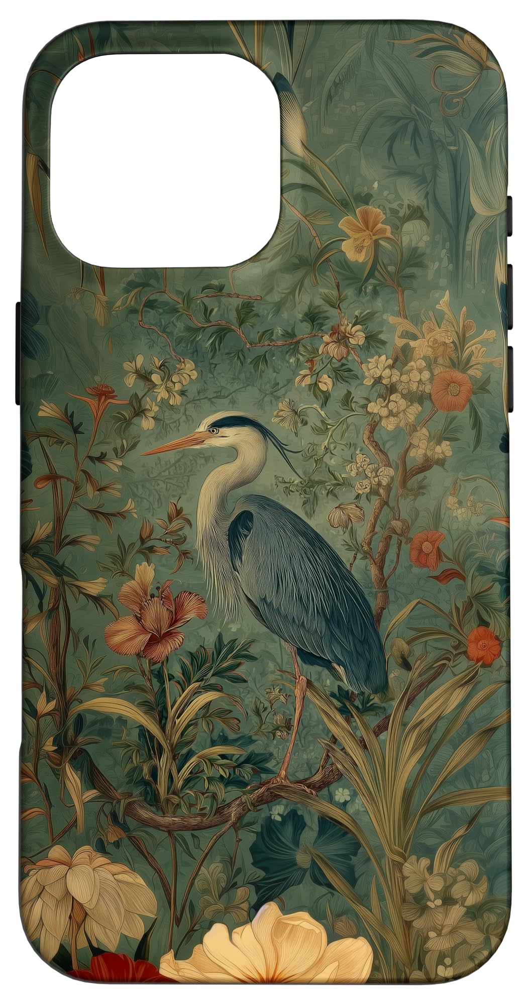 Blue Heron Wildflower Plant Pattern Sage Green Case for iPhone 16 Pro Max