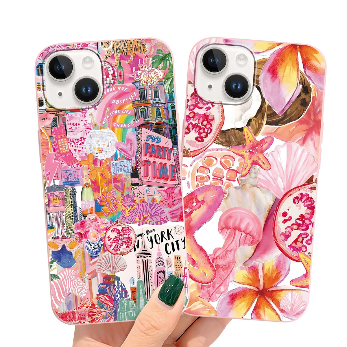 2 Packs Summer Fruit Animal Illustration Collage Pattern Phone Case for iPhone 16 6,1", Cute Aesthetic Design Print Funda with Liquid Silicone Shockproof Protection Soft Cover for Women Girls