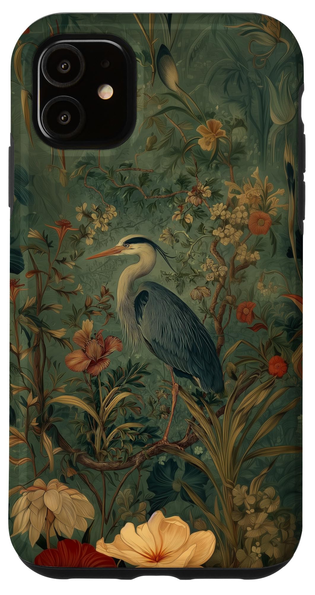 Blue Heron Wildflower Plant Pattern Sage Green Case for iPhone 16 Pro Max