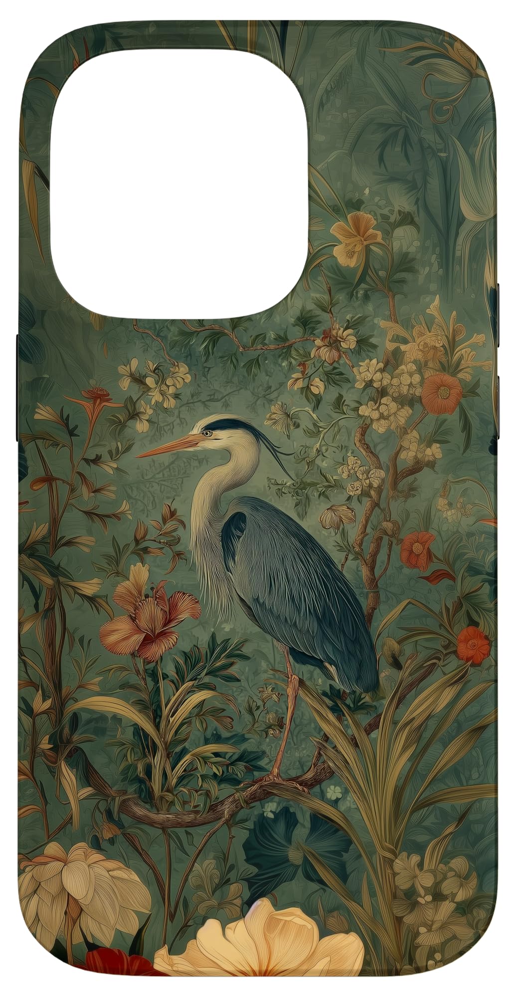 Blue Heron Wildflower Plant Pattern Sage Green Case for iPhone 16 Pro Max