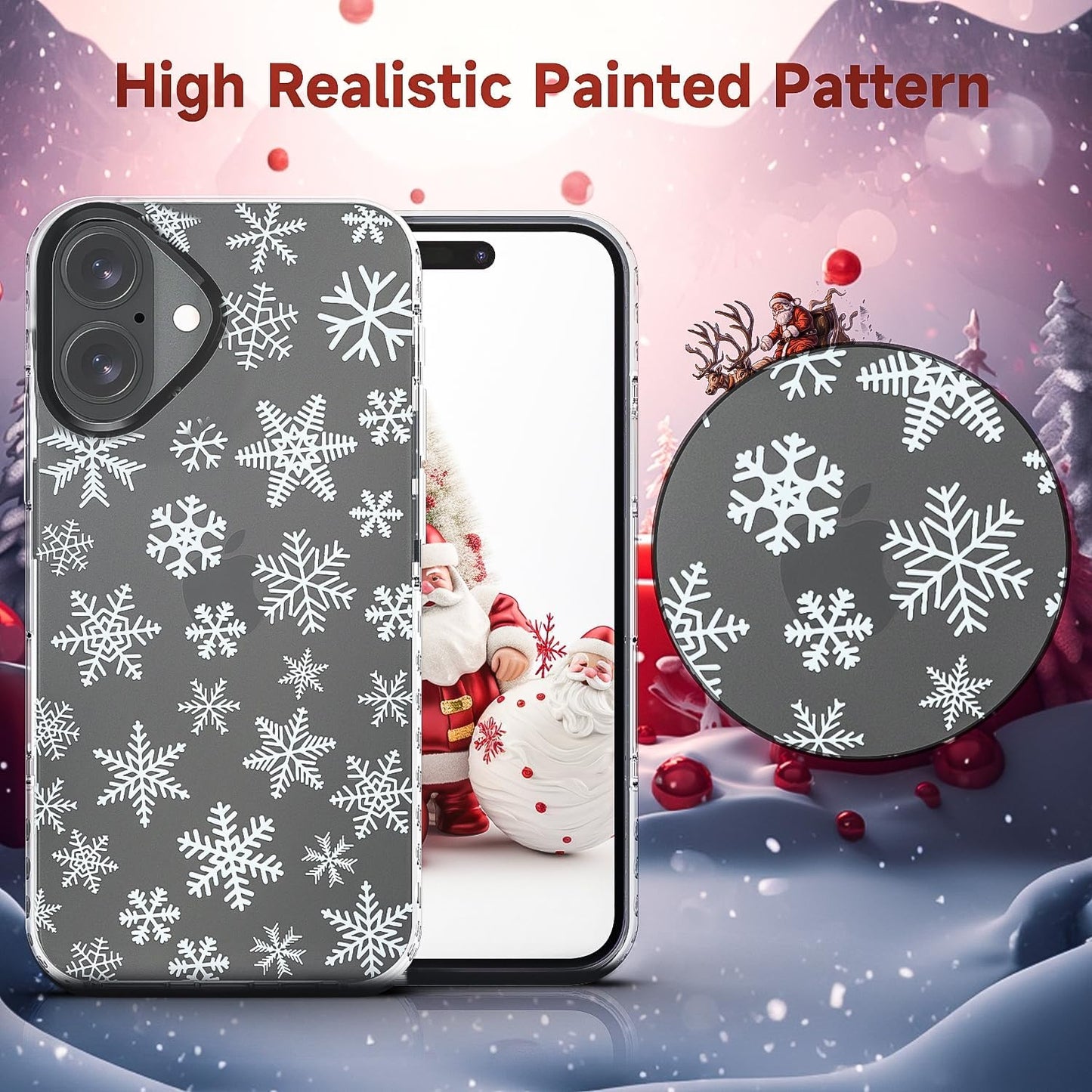 Christmas Phone Case Compatible for iPhone 16 Snowflake Case Clear TPU + Black Camera Frame Protection Winter Phone Cover for Women