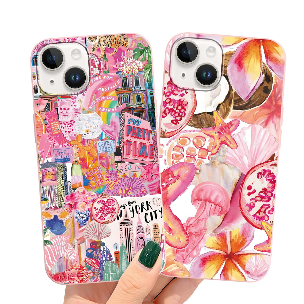 2 Packs Summer Fruit Animal Illustration Collage Pattern Phone Case for iPhone 16 6,1", Cute Aesthetic Design Print Funda with Liquid Silicone Shockproof Protection Soft Cover for Women Girls