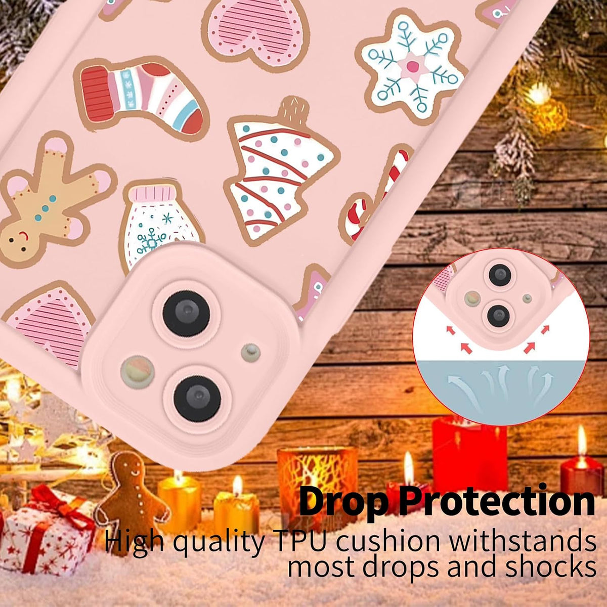 Christmas Phone Case for iPhone 14 6.1", Cute Christmas Tree Gingerbread Man Snowflake Pattern Gifts Case, Pink Aesthetic Protective Shockproof Silicone Cover for Women Girls Men -Pink Snowflakes