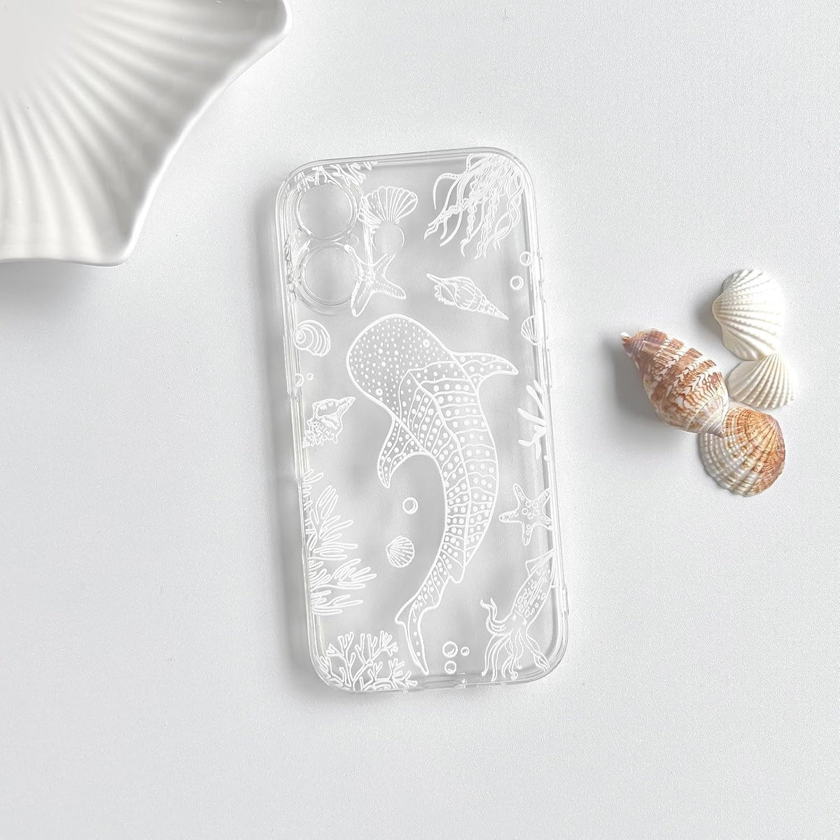 NITITOP Compatible with iPhone 16 Case Clear Sea - White Fish | Cute, Shell whale ocean animal, For women men girls boys, Slim, Soft TPU, Shockproof