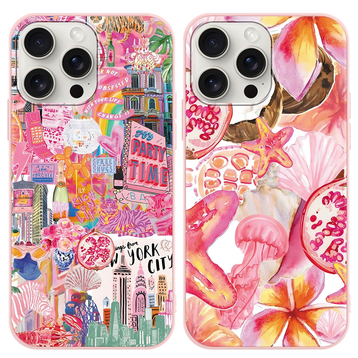 2 Packs Summer Fruit Animal Illustration Collage Pattern Phone Case for iPhone 16 6,1", Cute Aesthetic Design Print Funda with Liquid Silicone Shockproof Protection Soft Cover for Women Girls