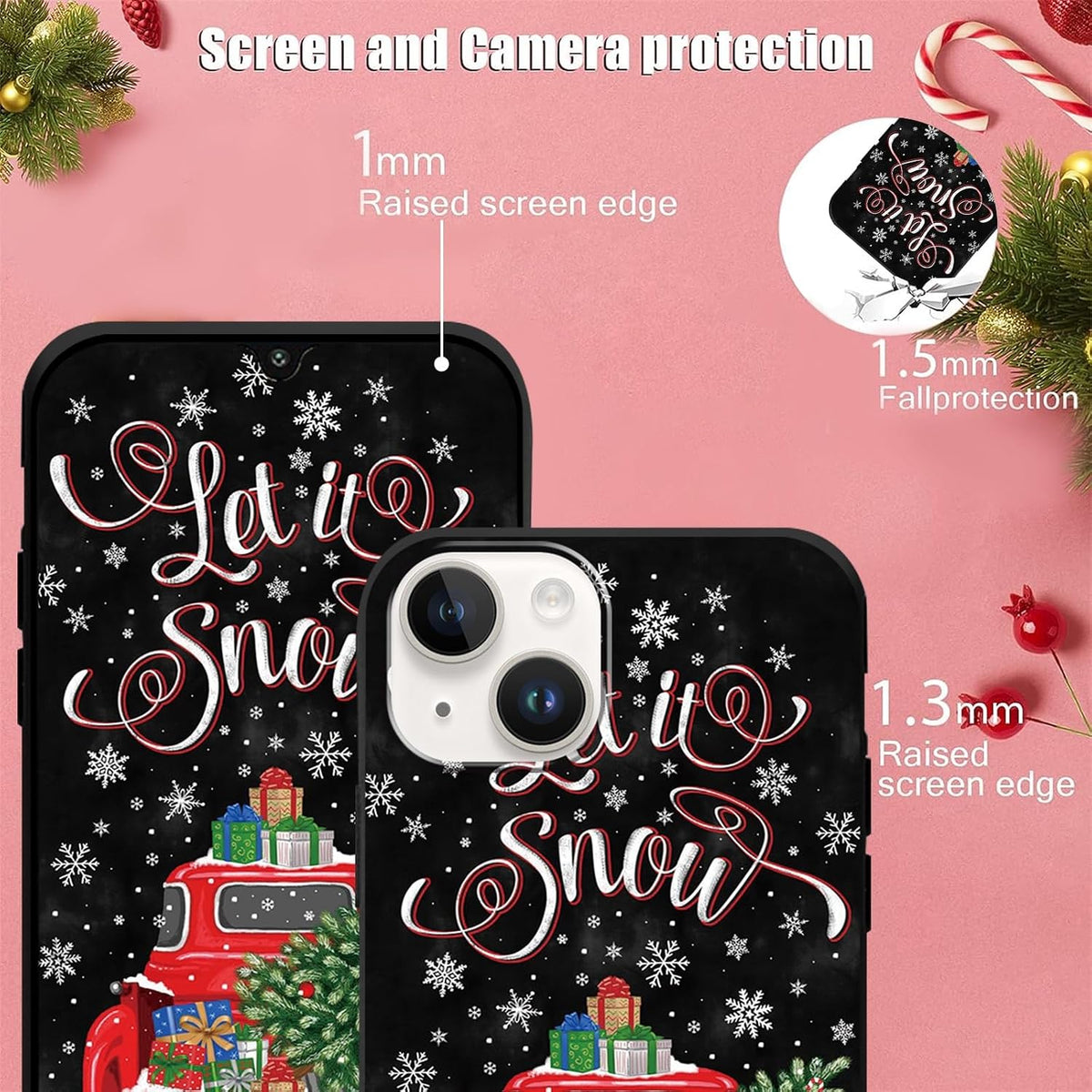 2 Pack Merry Christmas Phone Case for iPhone 13 / iPhone 14 6.1", Cute Red Christmas Truck Car Tree Candy Snowflake Pattern Case Anti-Scratch Shockproof Soft Silicone Gifts Girl Women Cover