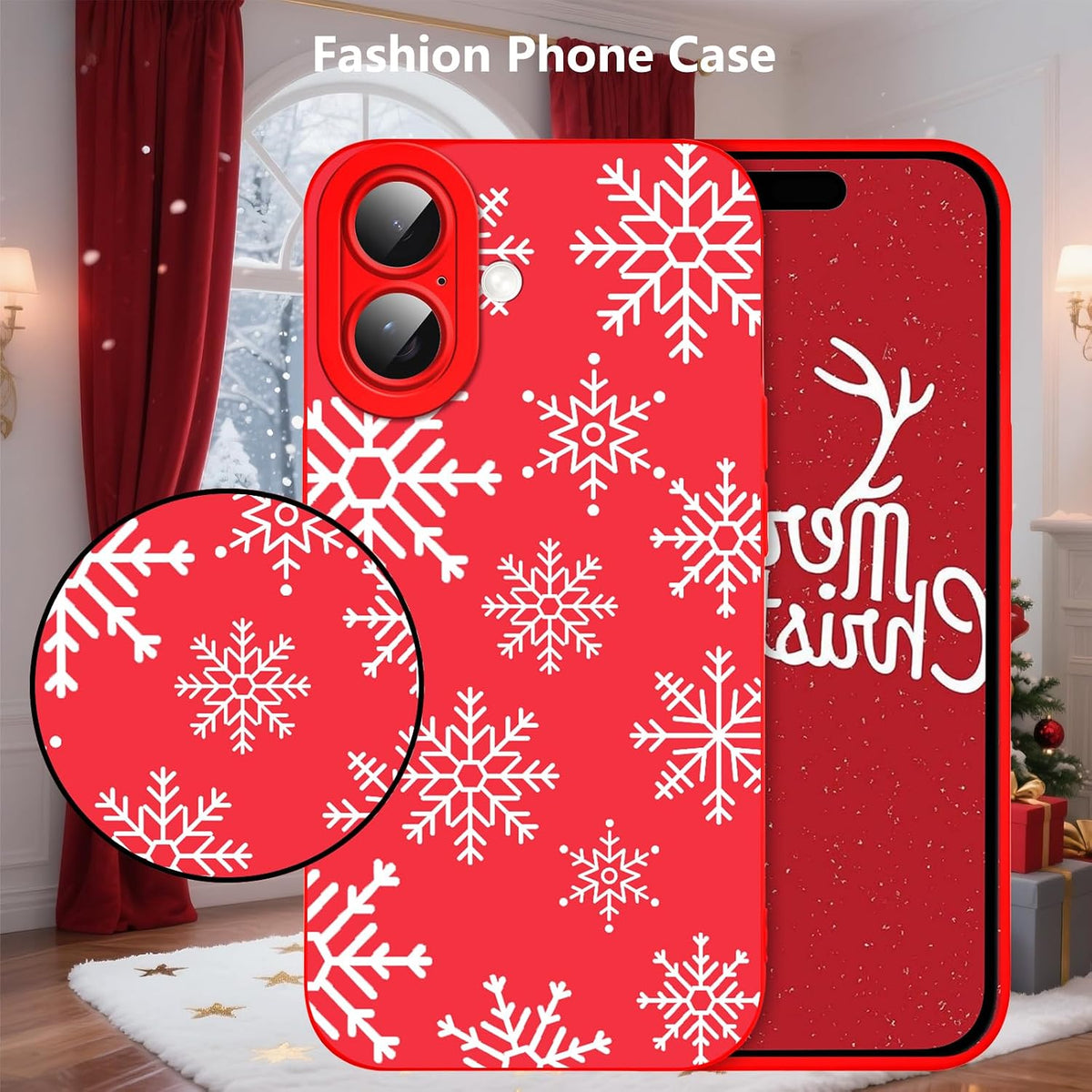 Merry Christmas Phone Case for iPhone 16 6.1，Cute Silicone Case with Xmas Tree Snowflakes, Elk Pattern，Soft Protective Shockproof Gifts for Girls Women Men Boys-Red White Snowflake