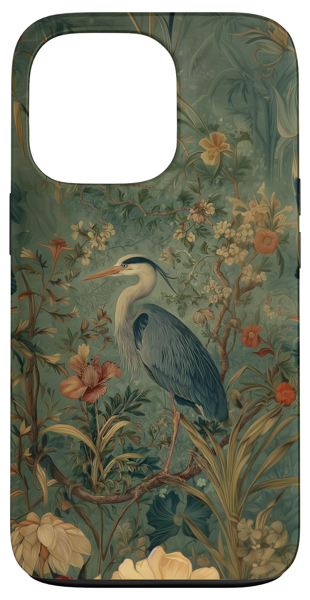 Blue Heron Wildflower Plant Pattern Sage Green Case for iPhone 16 Pro Max