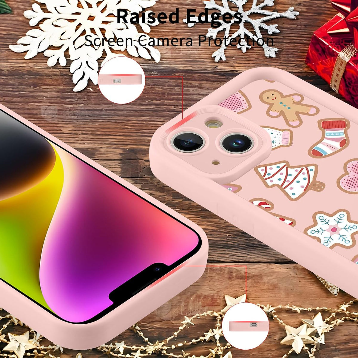 Christmas Phone Case for iPhone 14 6.1", Cute Christmas Tree Gingerbread Man Snowflake Pattern Gifts Case, Pink Aesthetic Protective Shockproof Silicone Cover for Women Girls Men -Pink Snowflakes