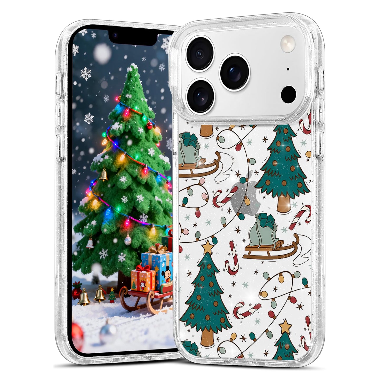 Christmas Phone Case for iPhone 13 6.1", Cute Glitter Christmas Tree Candy Snowflake Pattern, Preety Bling Sparkle Soft TPU Anti-Scratch Shockproof Protective Cover for Women Girls