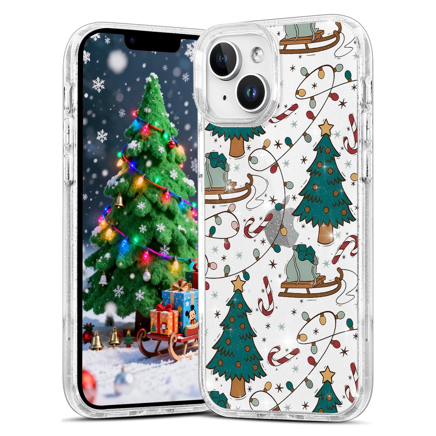 Christmas Phone Case for iPhone 13 6.1", Cute Glitter Christmas Tree Candy Snowflake Pattern, Preety Bling Sparkle Soft TPU Anti-Scratch Shockproof Protective Cover for Women Girls