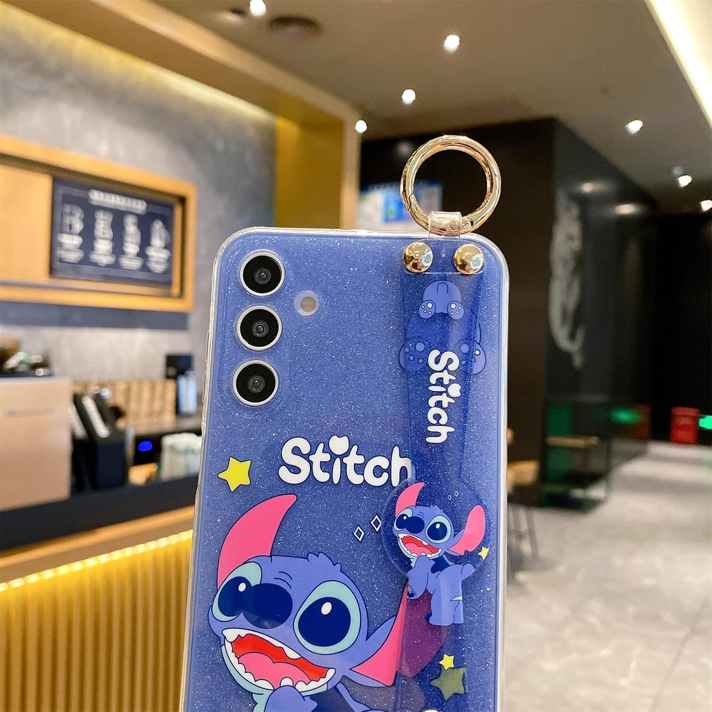 for Samsung Galaxy A16 5G Case with Wrist Strap Kickstand Cute Glitter Cartoon Camera Lens Protector Shockproof Protective Cover for Women Girls (Stit 1)