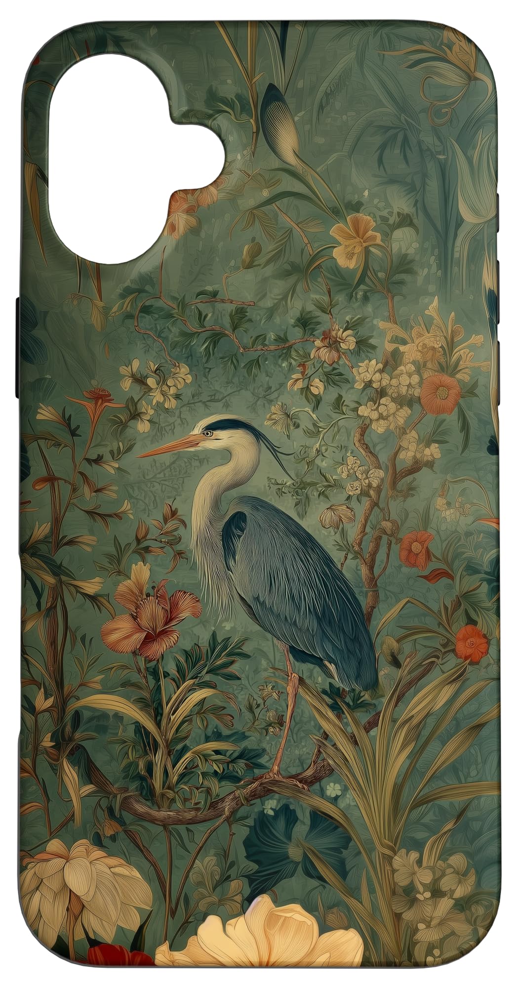 Blue Heron Wildflower Plant Pattern Sage Green Case for iPhone 16 Pro Max