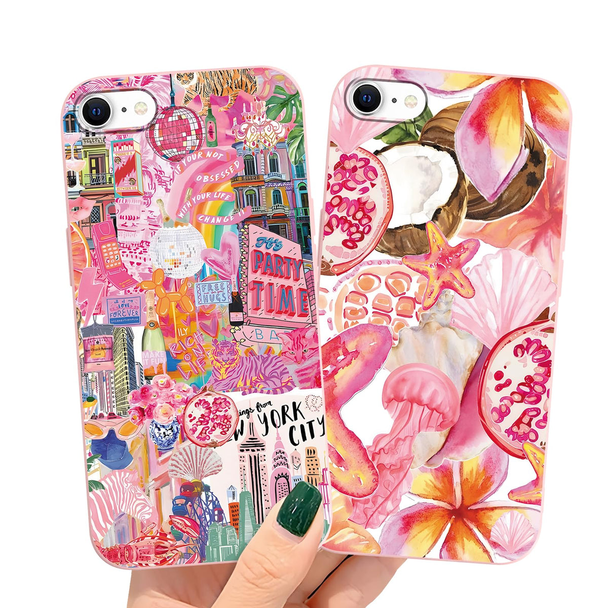 2 Packs Summer Fruit Animal Illustration Collage Pattern Phone Case for iPhone 16 6,1", Cute Aesthetic Design Print Funda with Liquid Silicone Shockproof Protection Soft Cover for Women Girls