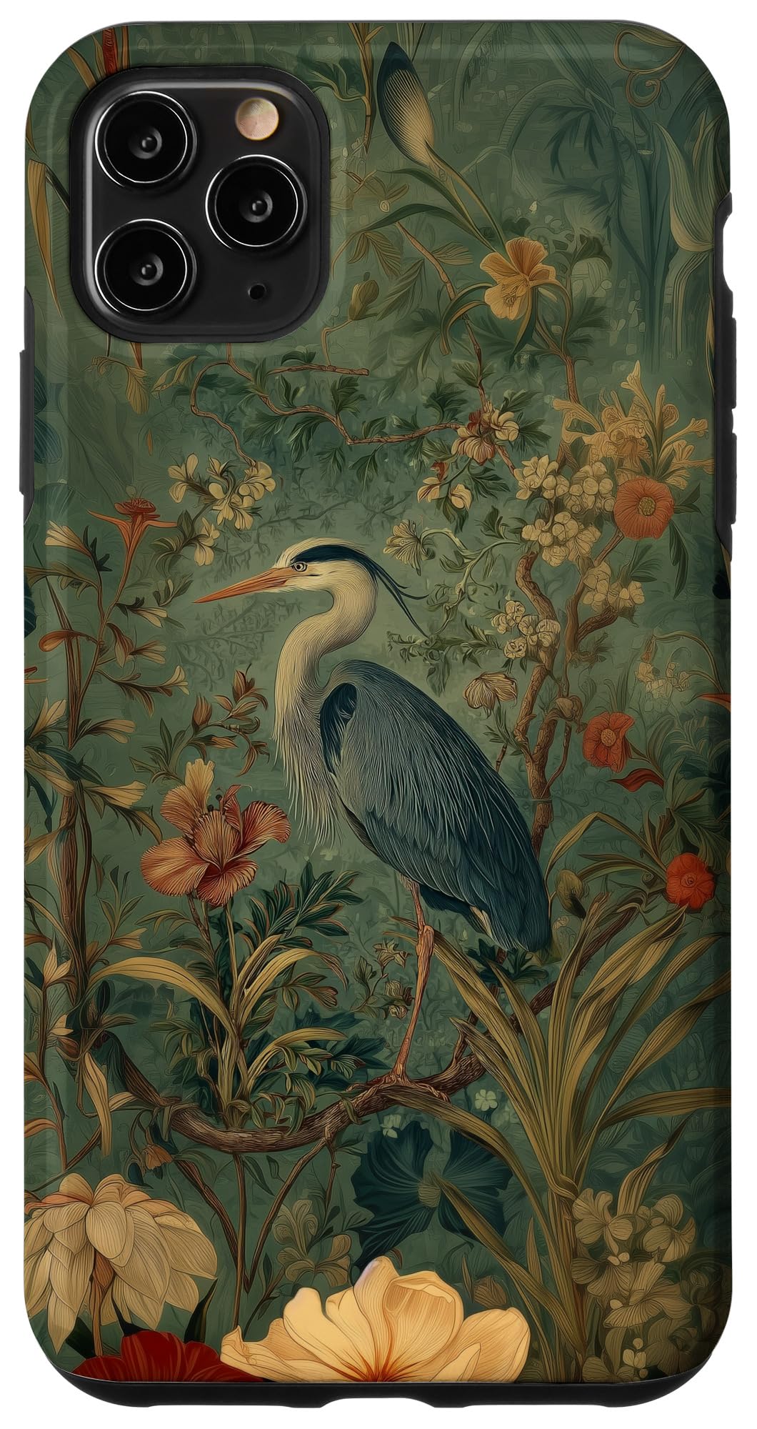 Blue Heron Wildflower Plant Pattern Sage Green Case for iPhone 16 Pro Max