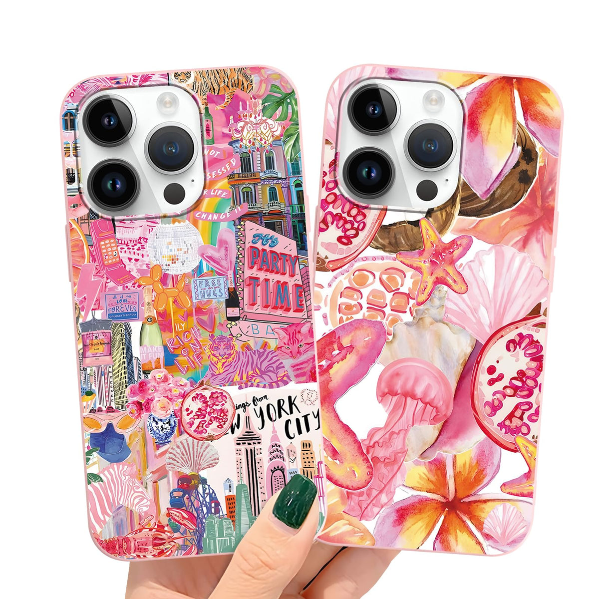 2 Packs Summer Fruit Animal Illustration Collage Pattern Phone Case for iPhone 16 6,1", Cute Aesthetic Design Print Funda with Liquid Silicone Shockproof Protection Soft Cover for Women Girls