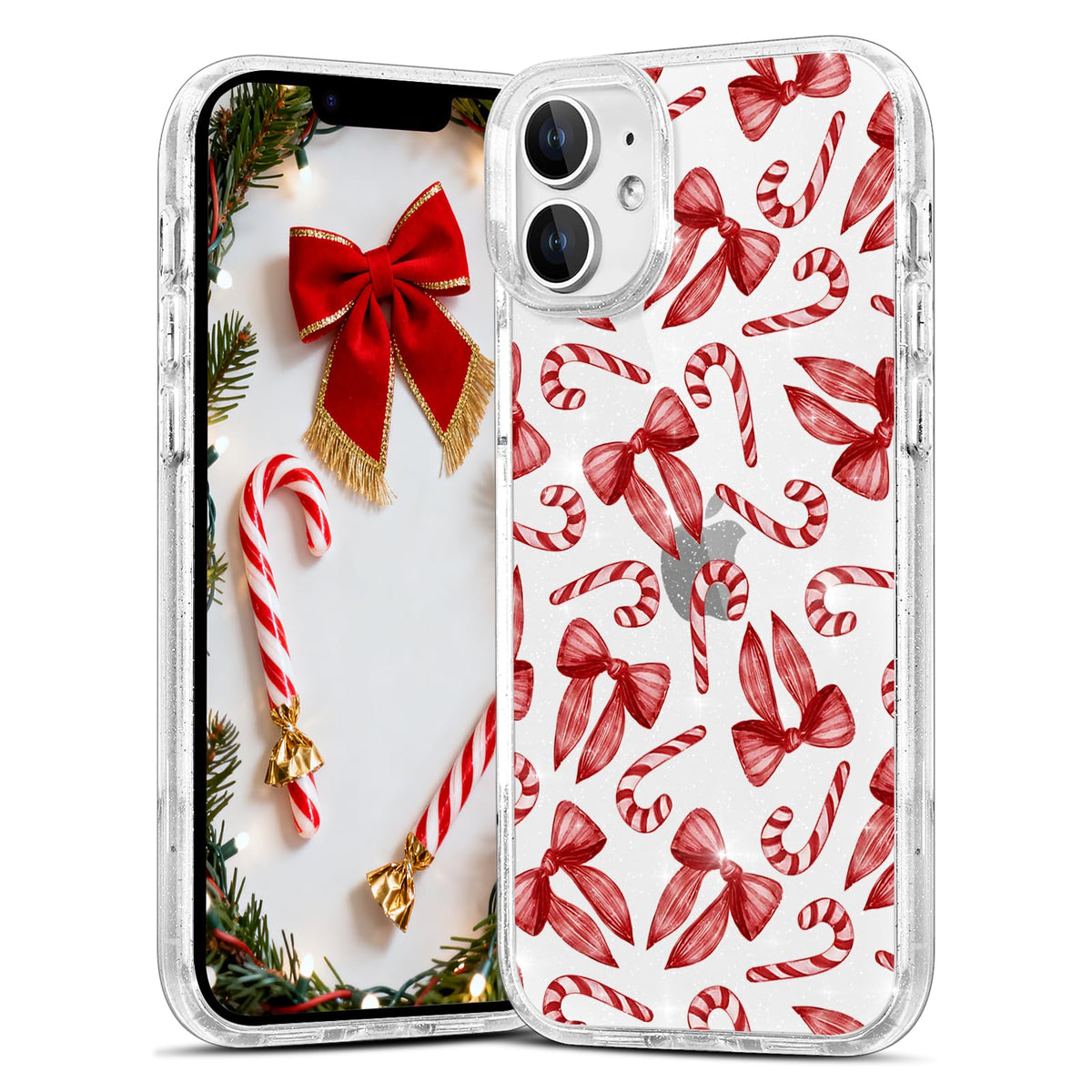 Christmas Phone Case for iPhone 13 6.1", Cute Glitter Christmas Tree Candy Snowflake Pattern, Preety Bling Sparkle Soft TPU Anti-Scratch Shockproof Protective Cover for Women Girls