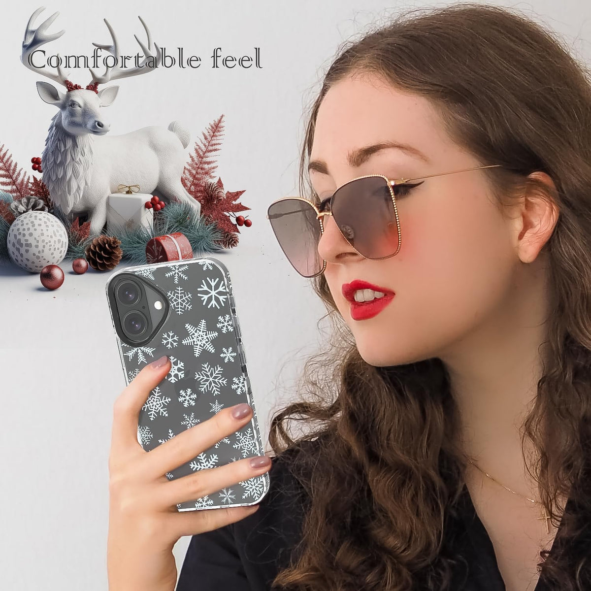 Christmas Phone Case Compatible for iPhone 16 Snowflake Case Clear TPU + Black Camera Frame Protection Winter Phone Cover for Women