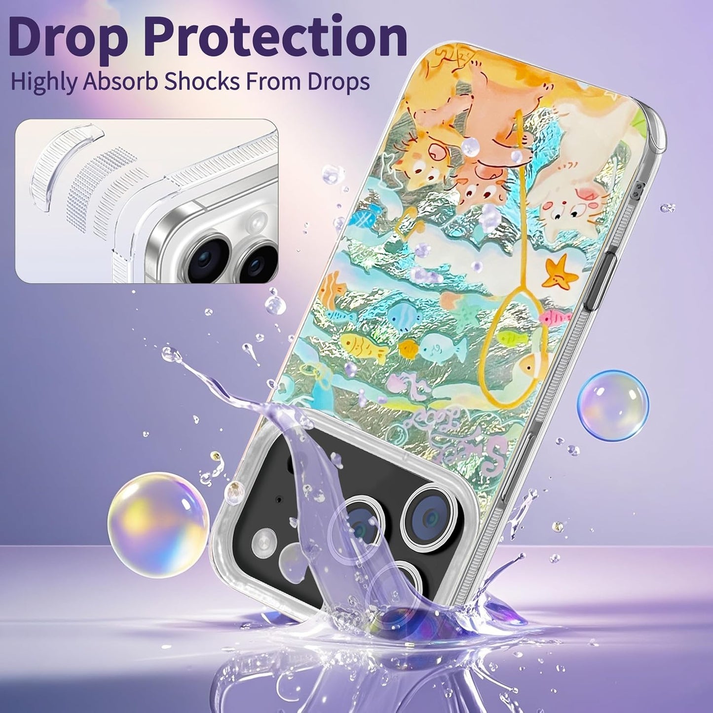Compatible with iPhone 17 Pro Case,with [Soft Slim][Camera Protection] Cute Fishing Cats Shiny Aesthetic Phone Cover Anti-Yellowing Shockproof Protective Cover for Women Girl