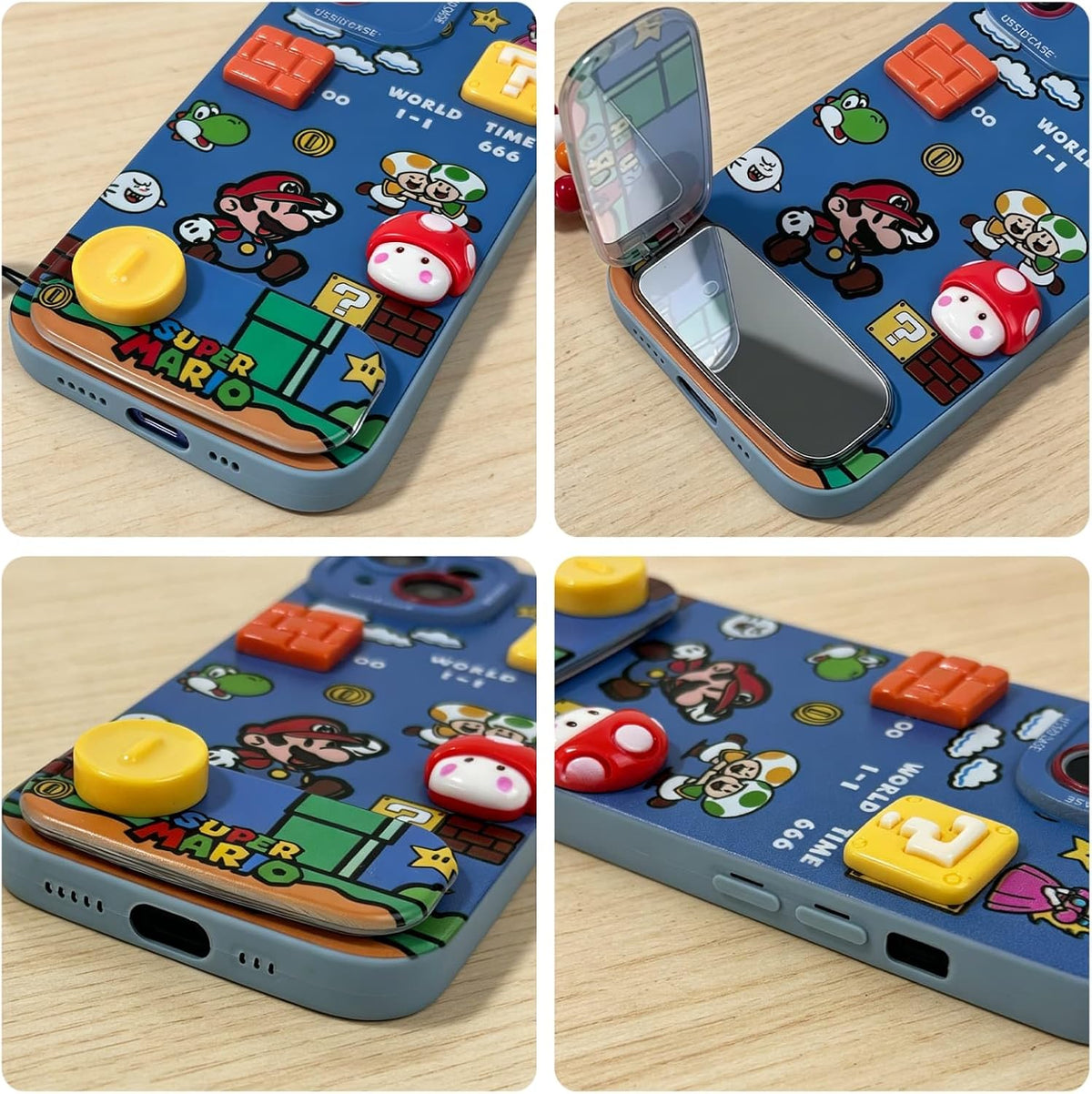Mario Phone Case for iPhone 17 Pro Max with Mario Beaded Strap & Flip Mirror Kickstand, Cute Cartoon Shockproof Protective Cover with Peach Princess & Mushroom 3D Design (17pm)