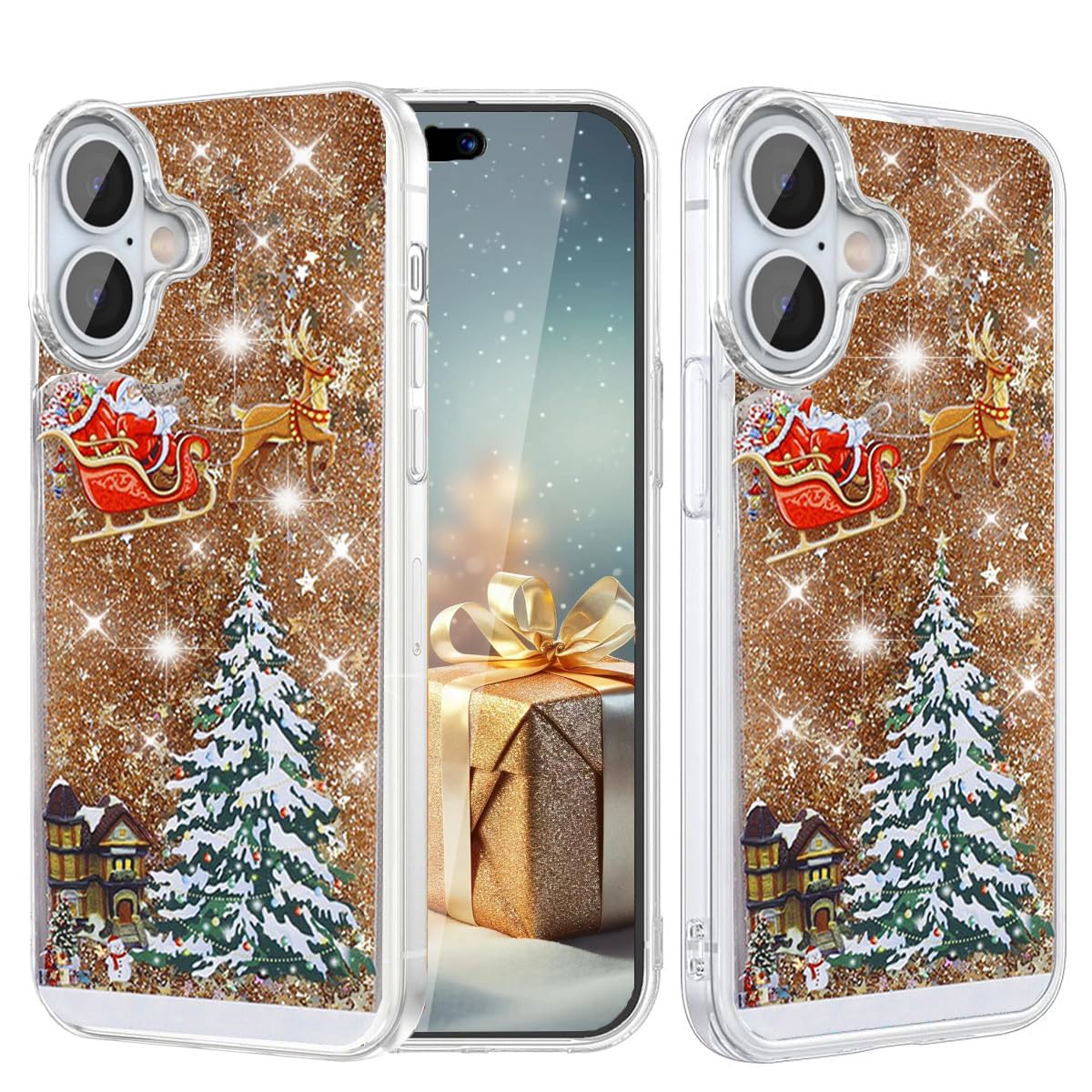 Glitter Christmas Case for iPhone 17 Glitter Case Christmas Tree Clear Floating Flowing Moving Bling Snowman Santa Elk Tree Women Cute Liquid Holiday Case for iPhone 17, Silver