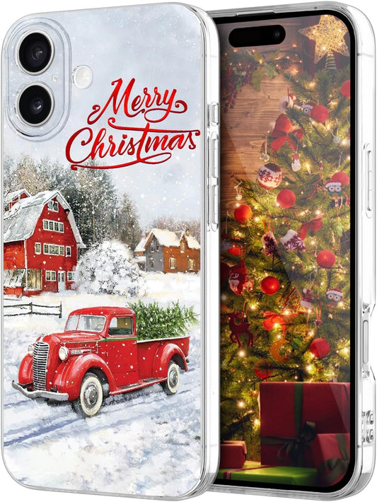 Newseego for iPhone 16 Case, Cute Red Car Pattern Merry Christmas Phone Case for Women Girls Children Anti-Yellow Soft TPU Bumper Shockproof Protective Cover for iPhone 16