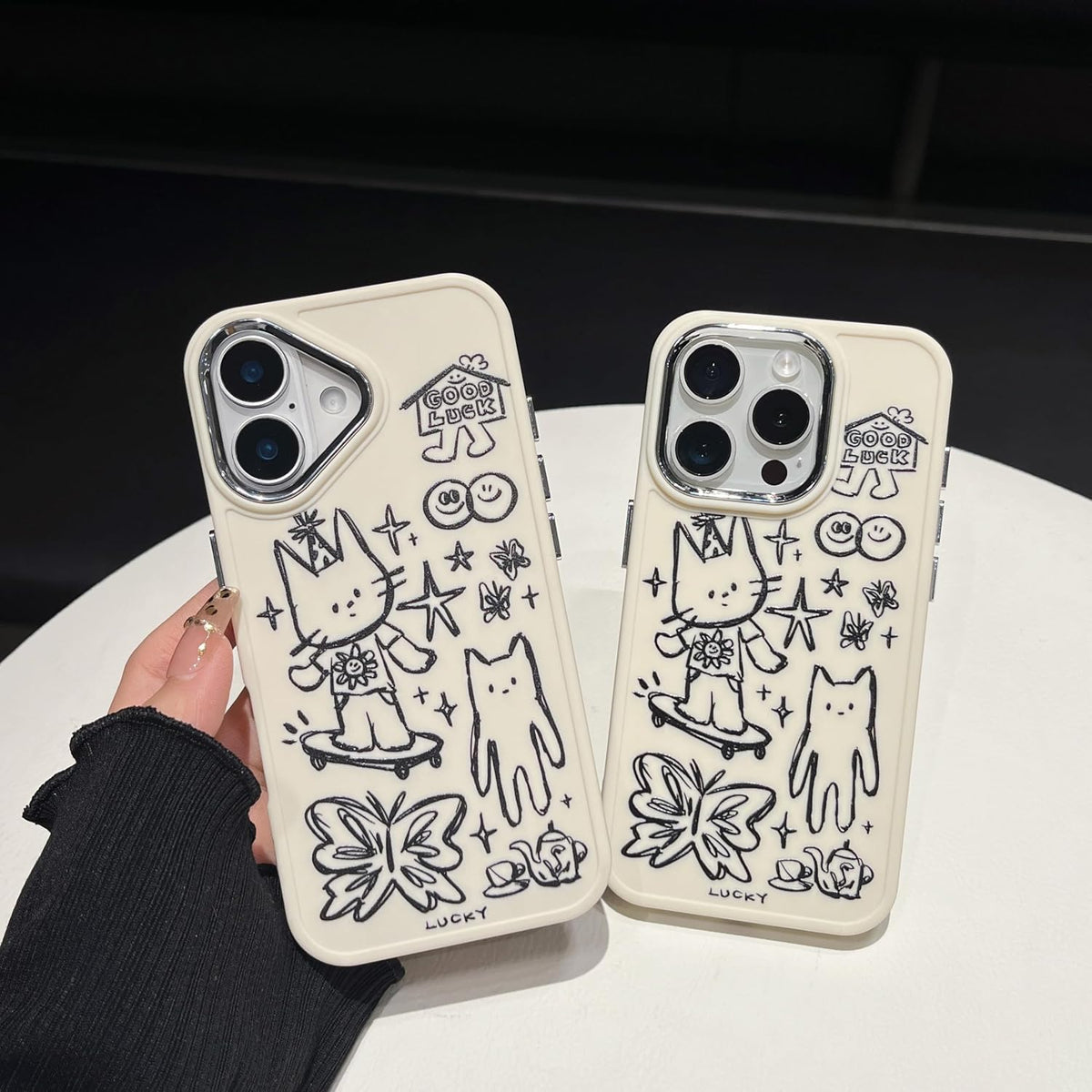 Designed for iPhone Case, Cute Cat Butterfly Star Lucky Line Drawing Soft Phone Case (White,for iPhone 14)