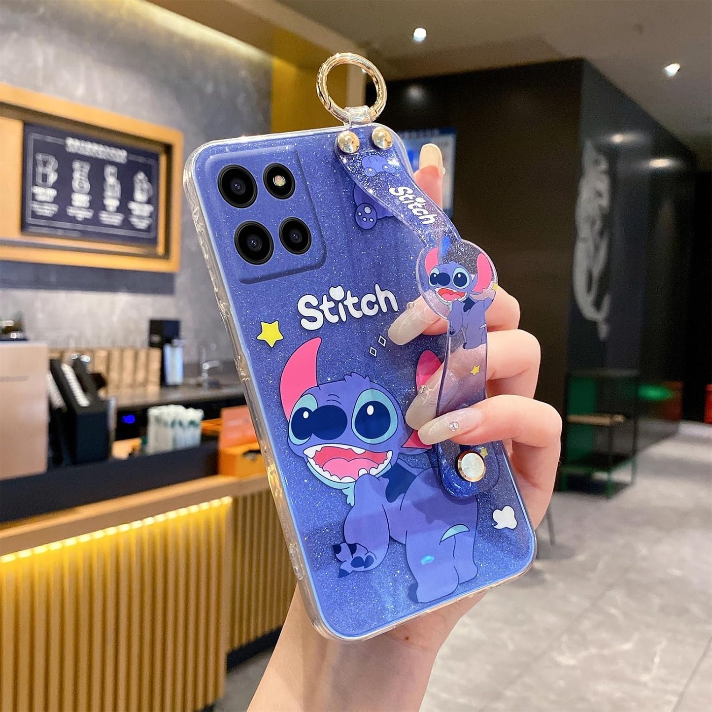 for Motorola Moto G Power 5G 2025 Case with Wrist Strap Kickstand Cute Glitter Cartoon Camera Lens Protector Shockproof Protective Cover for Women Girls (Blue 1)