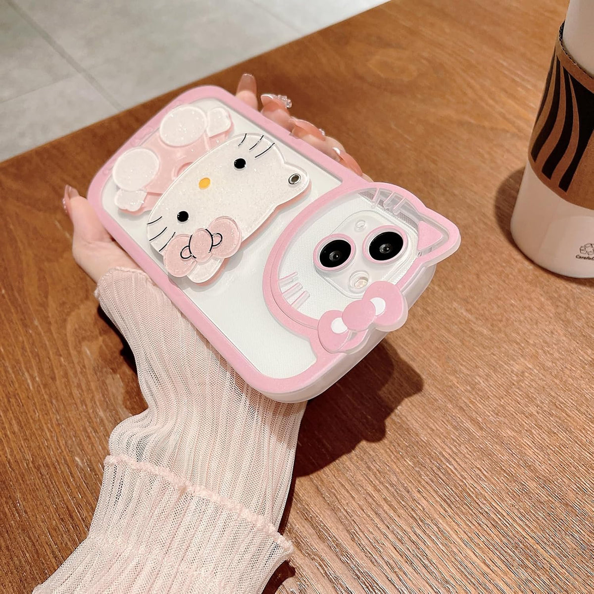 for iPhone 15 Kawaii Cartoon Cute Pink Phone Case，Built-in Makeup Mirror for Women Girls, Soft Transparent Protective Pink Phone Case