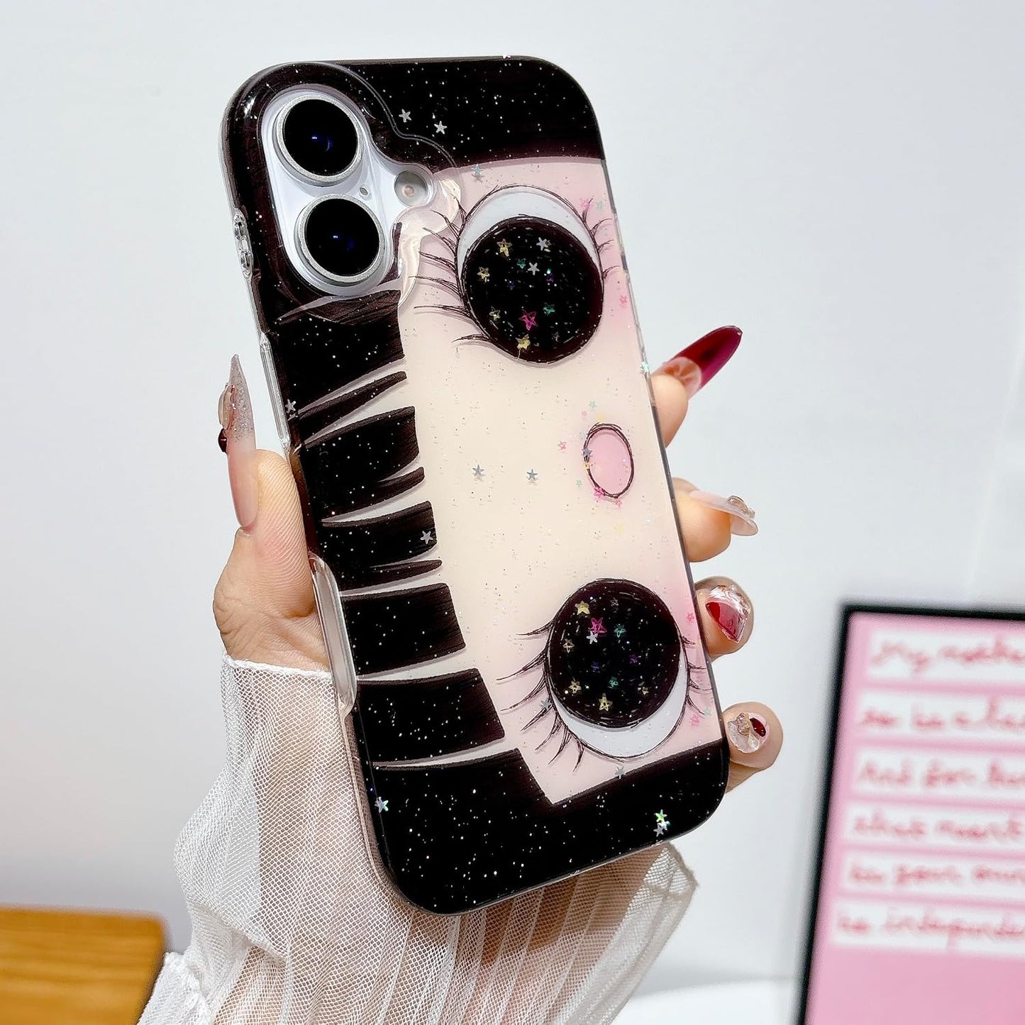 Compatible with iPhone 17 Case, Cute Kawaii Anime Big Eyes Design with Glitter Stars, Sparkle Bling Soft TPU Shockproof Protective Cover for Women Girls