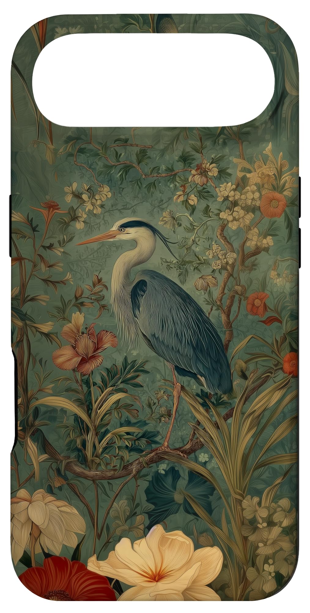 Blue Heron Wildflower Plant Pattern Sage Green Case for iPhone 16 Pro Max